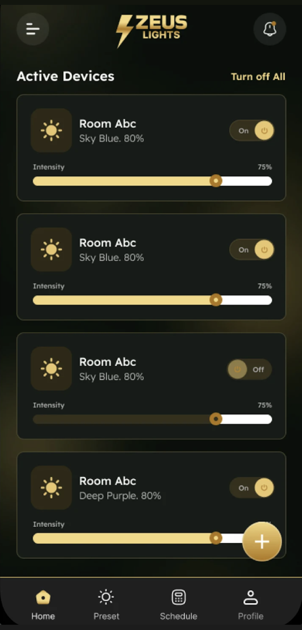 Zeus Smart Lights app live control dashboard