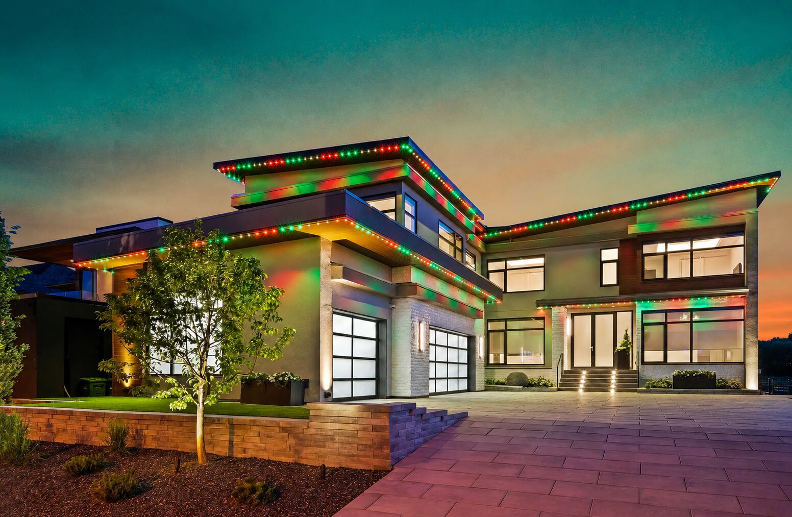 The same modern Austin home from the previous image, displaying full Christmas lighting in red and green through the permanent LED system — Zeus Illumination