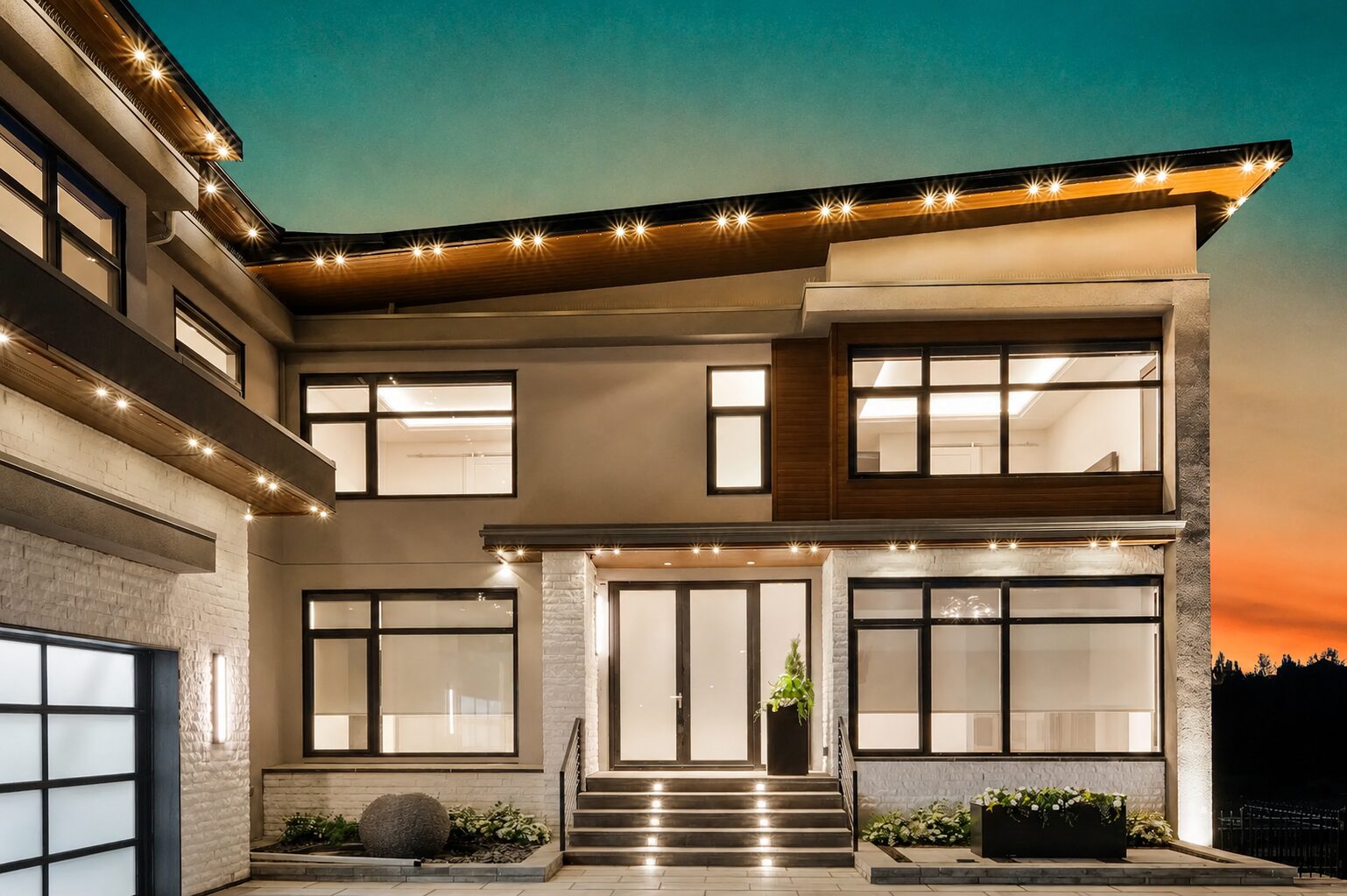 Modern Austin home with permanent LED roofline lights in everyday warm white at twilight — installed by Zeus Illumination